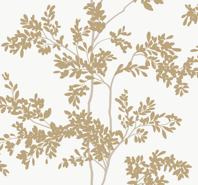 Lunaria Silhouette White & Gold Wallpaper with Botanical Branch Motif - York BL1806
