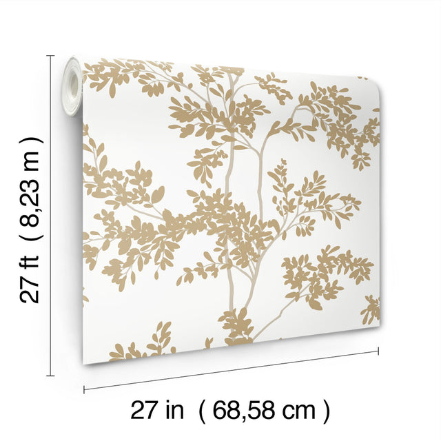 Lunaria Silhouette White & Gold Wallpaper with Botanical Branch Motif - York BL1806