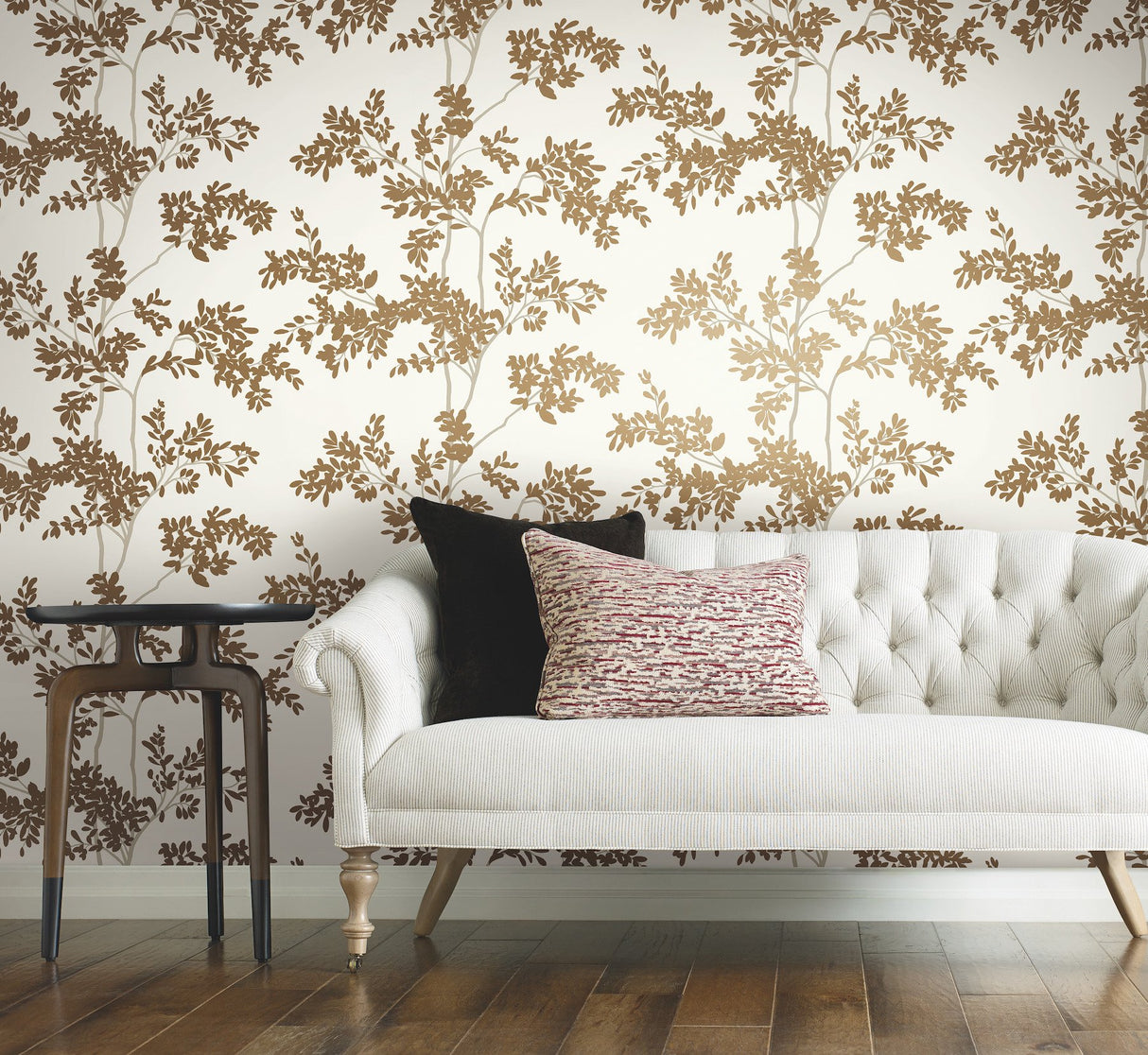 Lunaria Silhouette White & Gold Wallpaper with Botanical Branch Motif - York BL1806