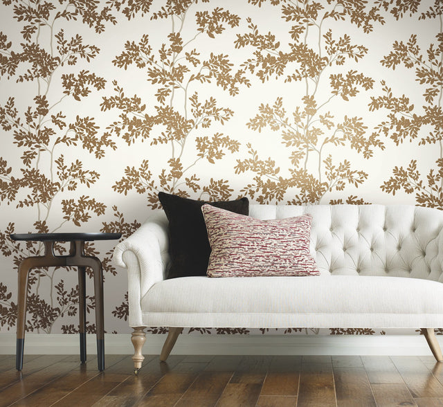 Lunaria Silhouette White & Gold Wallpaper with Botanical Branch Motif - York BL1806