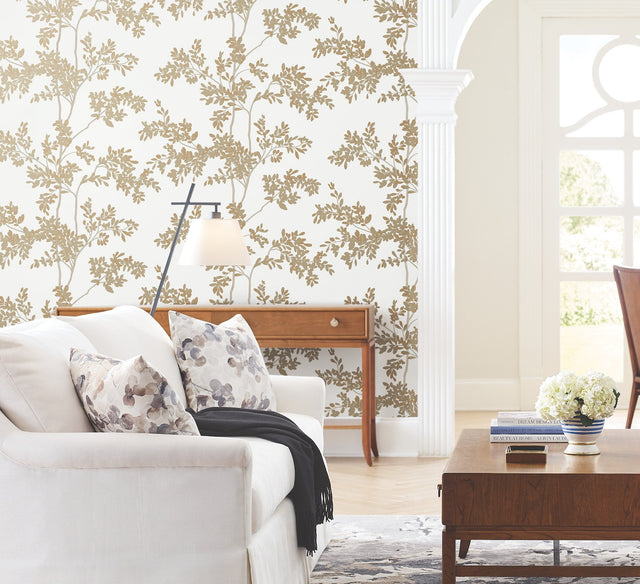 Lunaria Silhouette White & Gold Wallpaper with Botanical Branch Motif - York BL1806