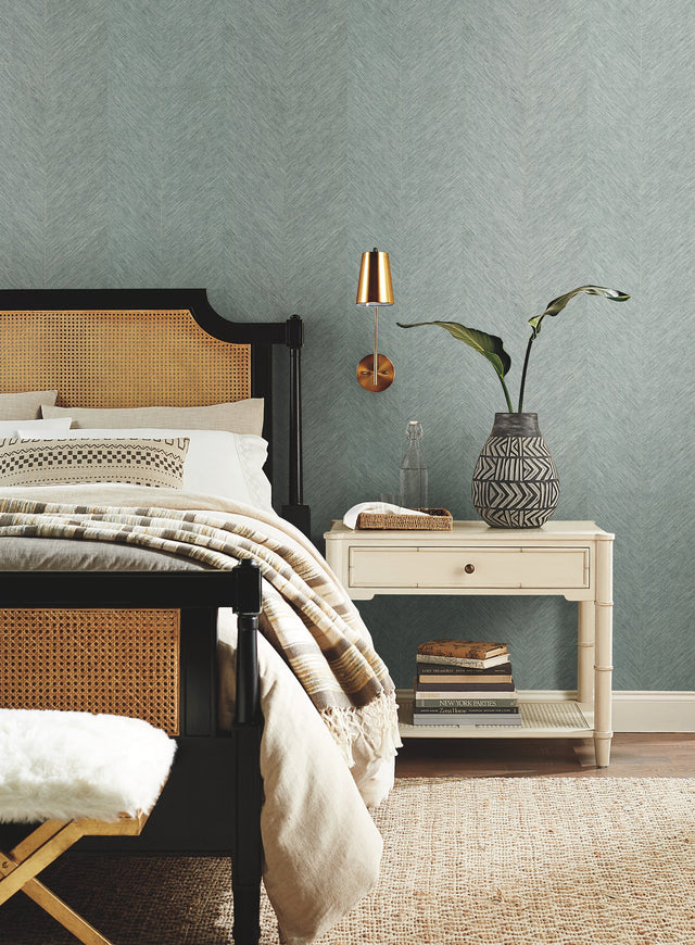Chevron Blue Metallic Wallpaper with Metallic Chevron Pattern, Boho Luxe Non Woven - York BO6605