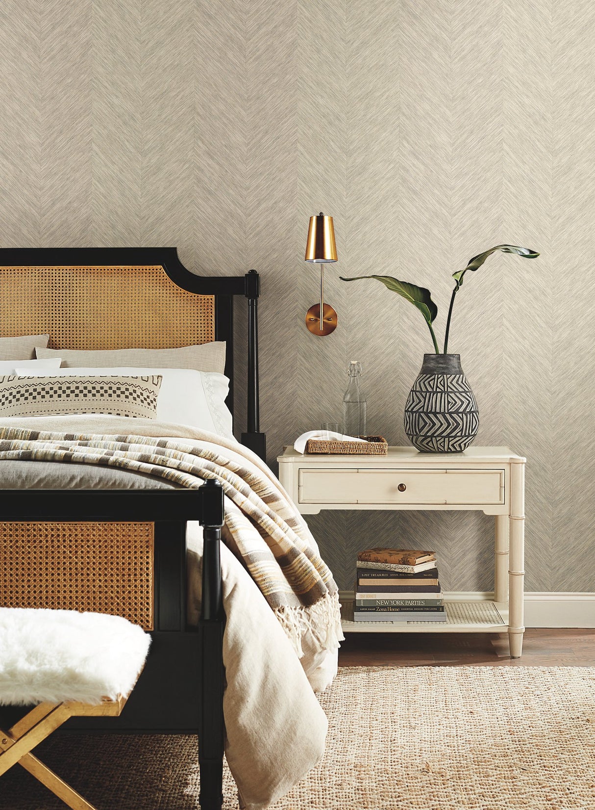 Metallic Chevron Cream Wallpaper with Bohemian Chevron Pattern, Non Woven Unpasted - York BO6607