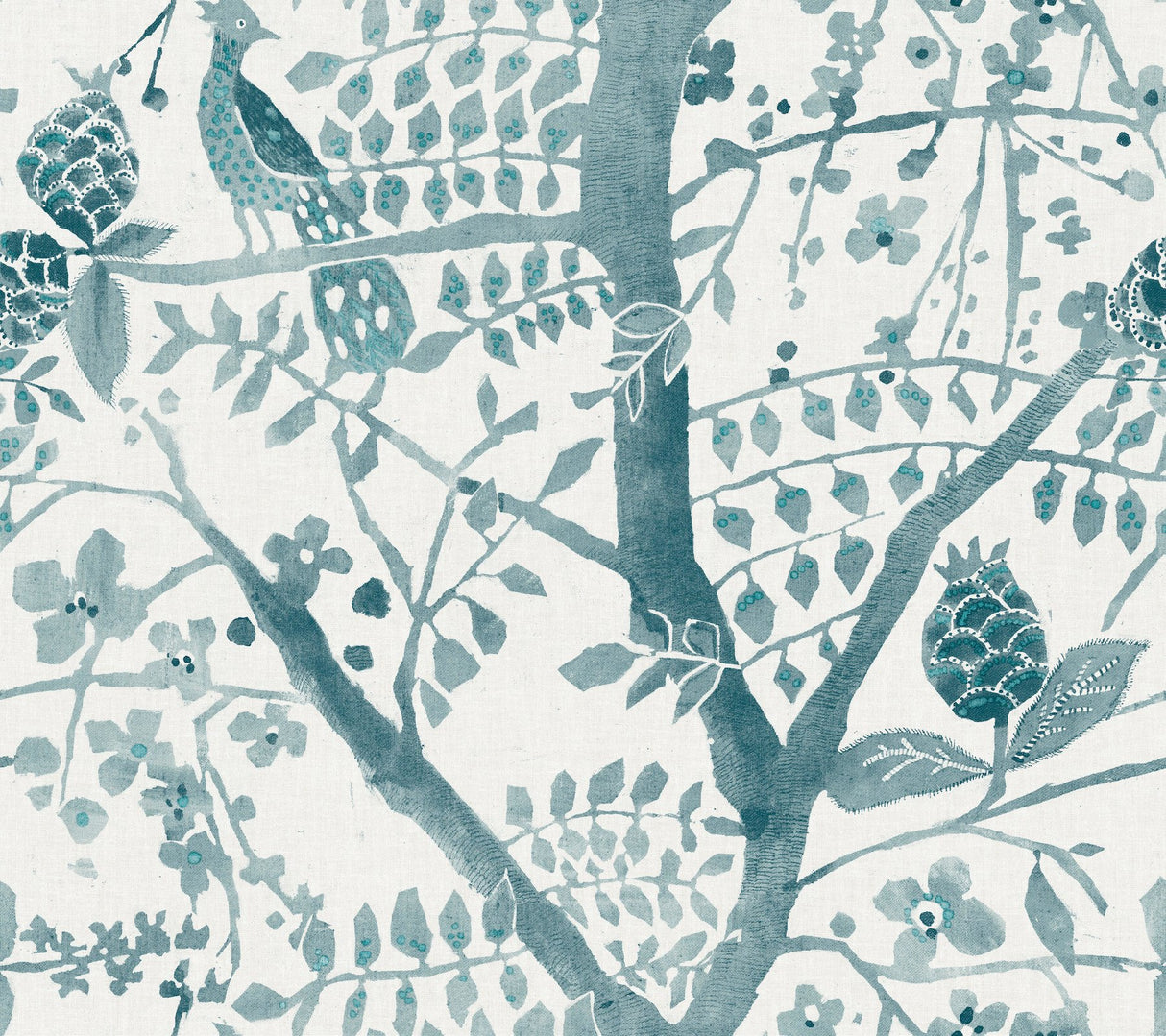 Peacock Block Print Teal Wallpaper with Abstract Bird and Branch Motif - York BO6632