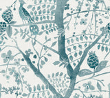 Peacock Block Print Teal Wallpaper with Abstract Bird and Branch Motif - York BO6632