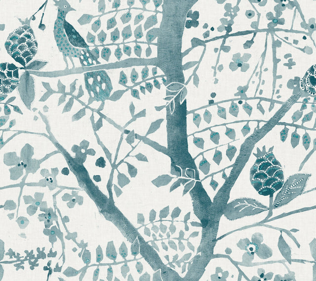 Peacock Block Print Teal Wallpaper with Abstract Bird and Branch Motif - York BO6632