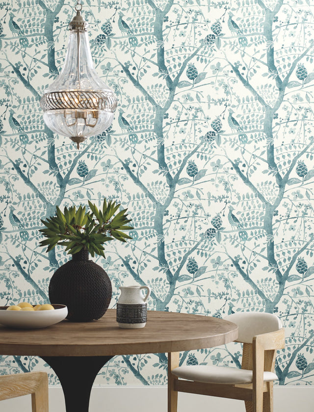 Peacock Block Print Teal Wallpaper with Abstract Bird and Branch Motif - York BO6632