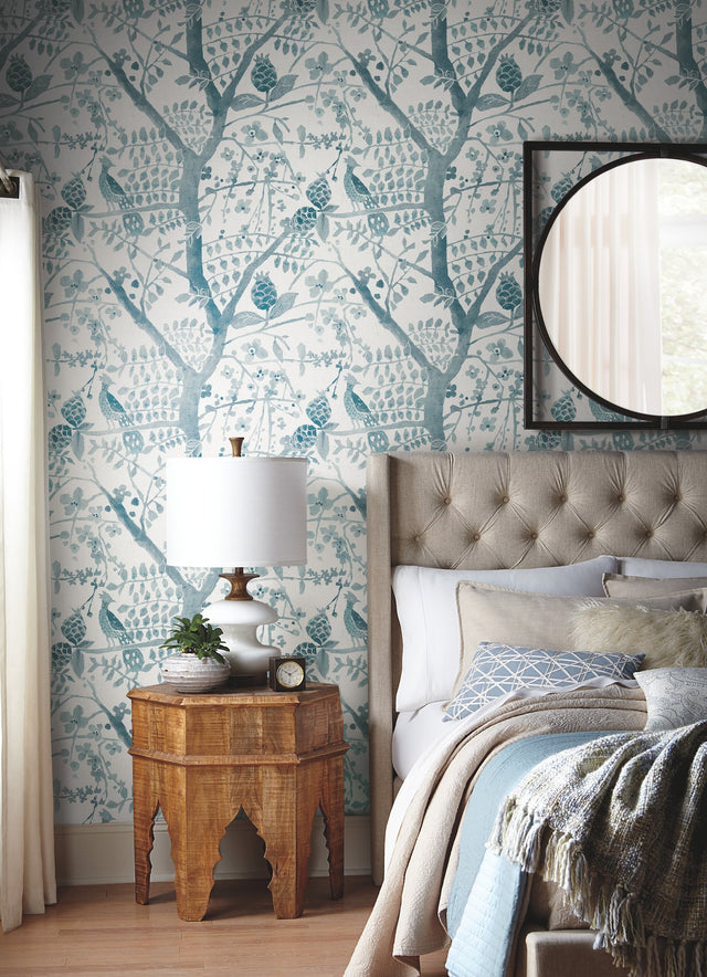 Peacock Block Print Teal Wallpaper with Abstract Bird and Branch Motif - York BO6632