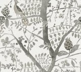 Peacock Block Print Grey Wallpaper with Bohemian Bird and Branch Motif - York BO6633