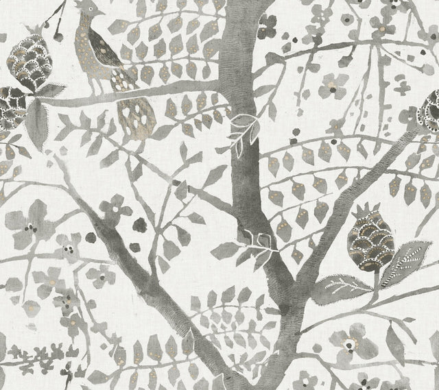 Peacock Block Print Grey Wallpaper with Bohemian Bird and Branch Motif - York BO6633