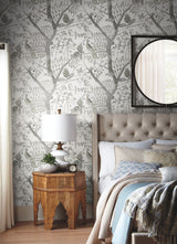 Peacock Block Print Grey Wallpaper with Bohemian Bird and Branch Motif - York BO6633