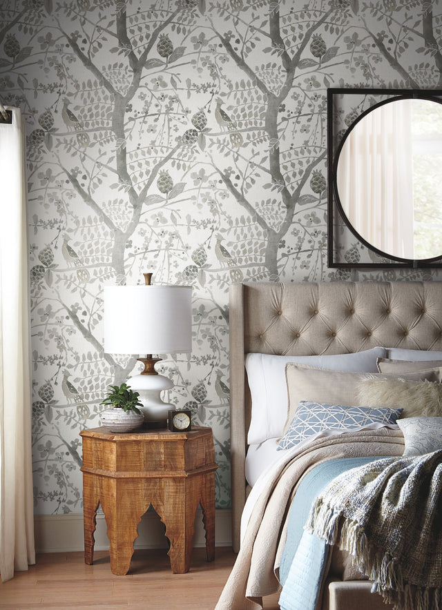 Peacock Block Print Grey Wallpaper with Bohemian Bird and Branch Motif - York BO6633