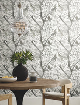Peacock Block Print Grey Wallpaper with Bohemian Bird and Branch Motif - York BO6633