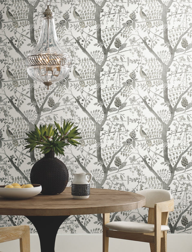 Peacock Block Print Grey Wallpaper with Bohemian Bird and Branch Motif - York BO6633