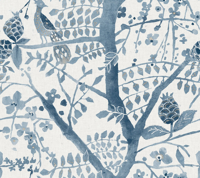 Peacock Block Print Blue Wallpaper with Bohemian Bird and Branch Motif - York BO6634
