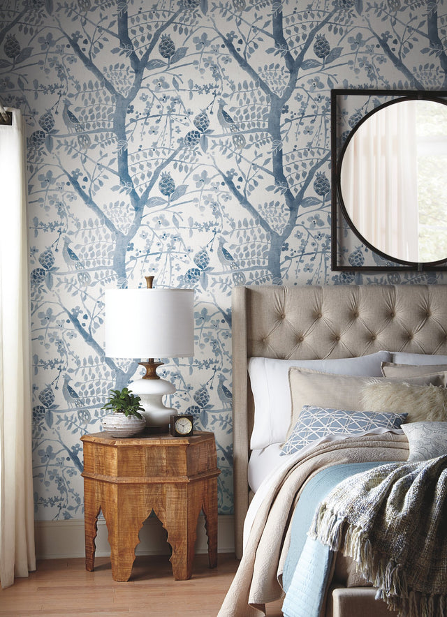 Peacock Block Print Blue Wallpaper with Bohemian Bird and Branch Motif - York BO6634