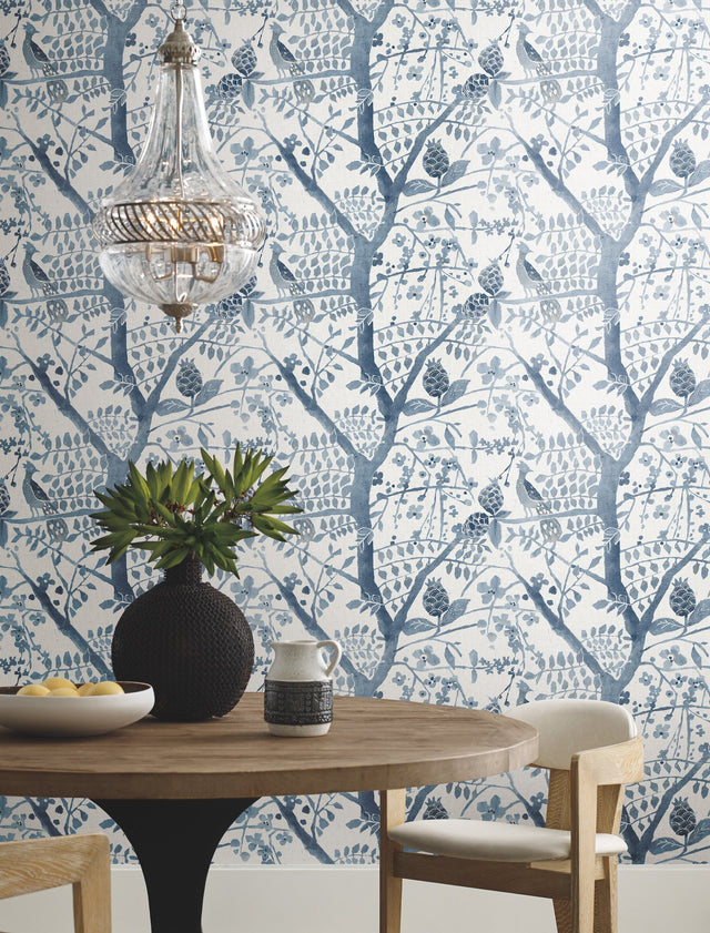 Peacock Block Print Blue Wallpaper with Bohemian Bird and Branch Motif - York BO6634