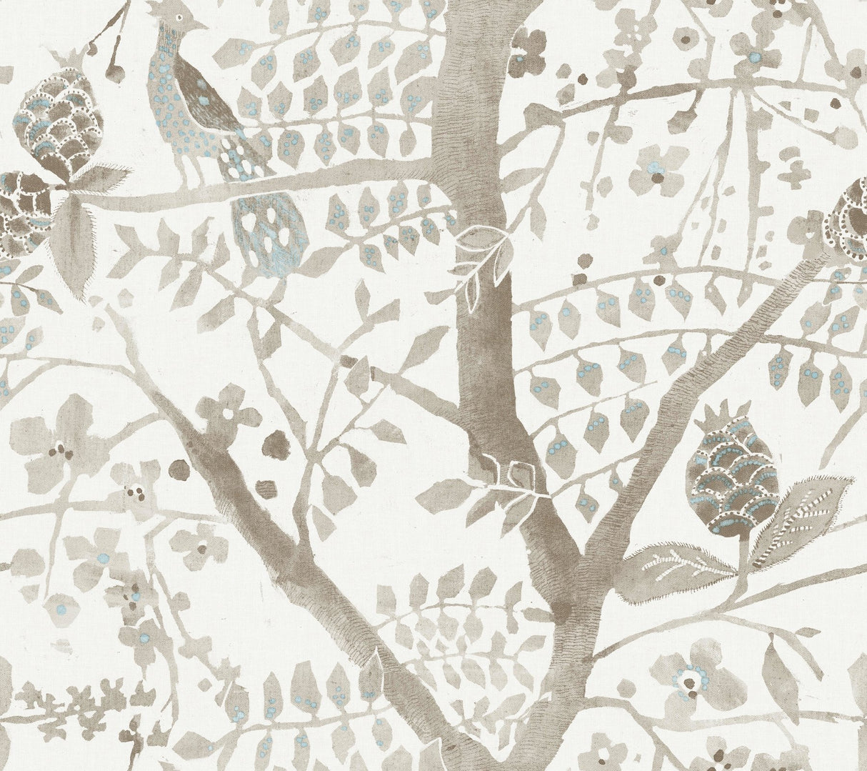 Peacock Block Print Off White Wallpaper with Bohemian Abstract Bird Motif - York BO6635