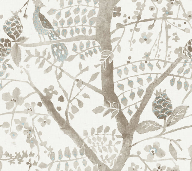 Peacock Block Print Off White Wallpaper with Bohemian Abstract Bird Motif - York BO6635