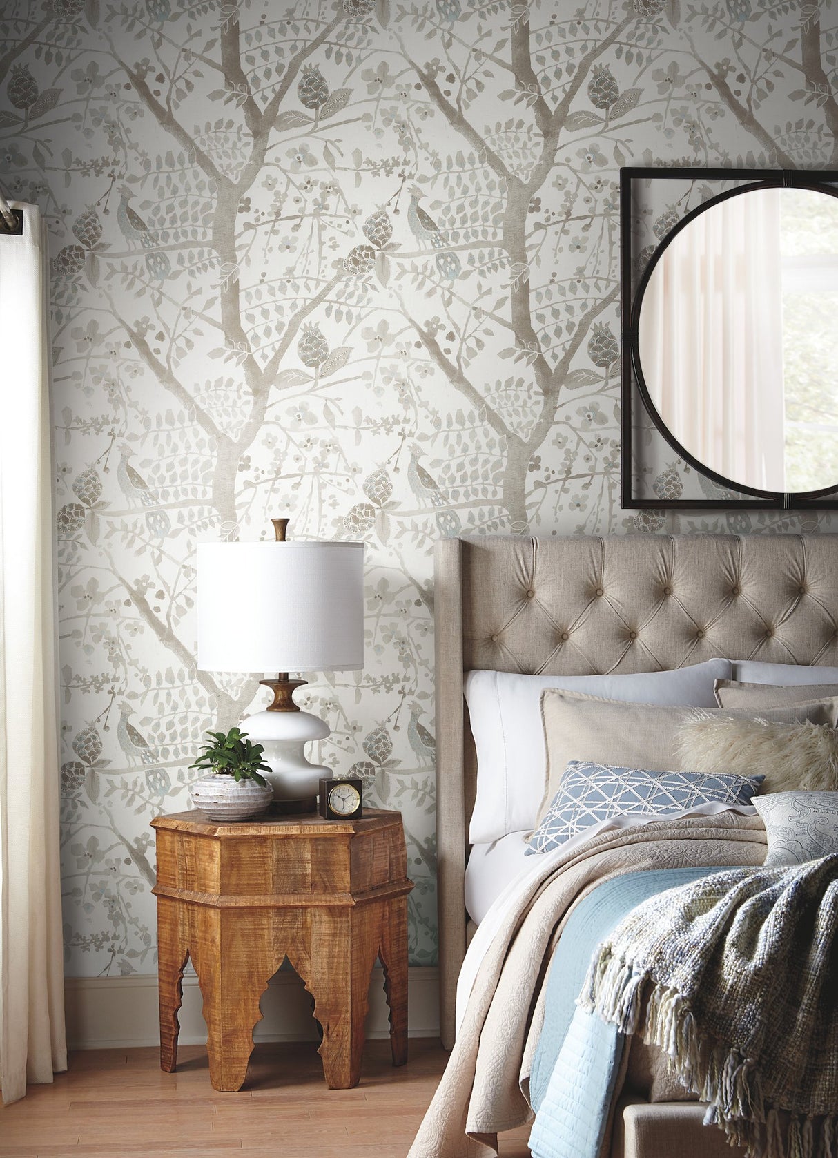 Peacock Block Print Off White Wallpaper with Bohemian Abstract Bird Motif - York BO6635