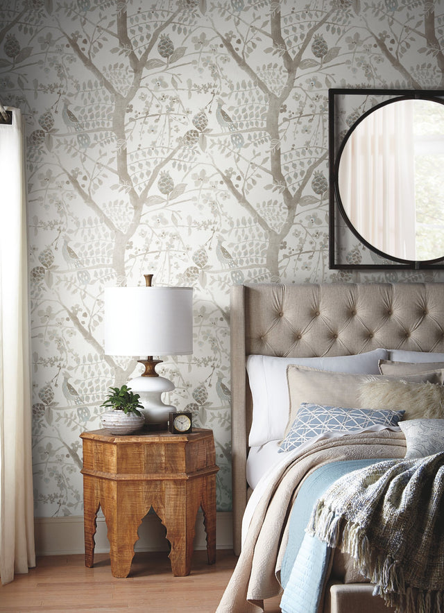Peacock Block Print Off White Wallpaper with Bohemian Abstract Bird Motif - York BO6635