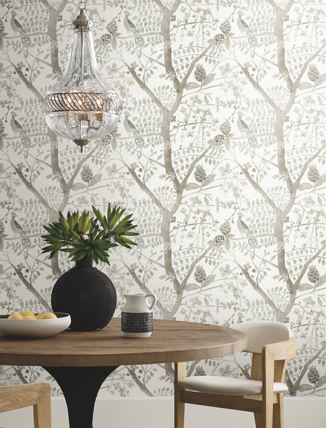Peacock Block Print Off White Wallpaper with Bohemian Abstract Bird Motif - York BO6635