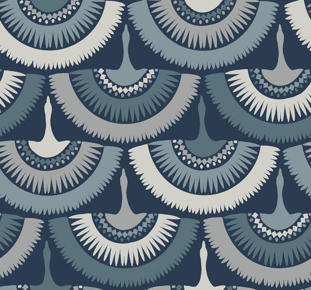 Feather & Fringe Blue Wallpaper with Bohemian Fan Bird Motif - York BO6642
