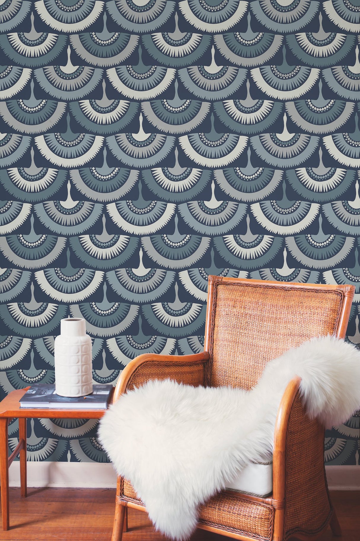 Feather & Fringe Blue Wallpaper with Bohemian Fan Bird Motif - York BO6642