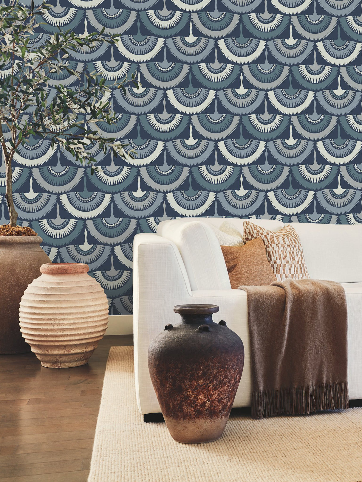 Feather & Fringe Blue Wallpaper with Bohemian Fan Bird Motif - York BO6642