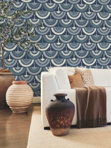 Feather & Fringe Blue Wallpaper with Bohemian Fan Bird Motif - York BO6642