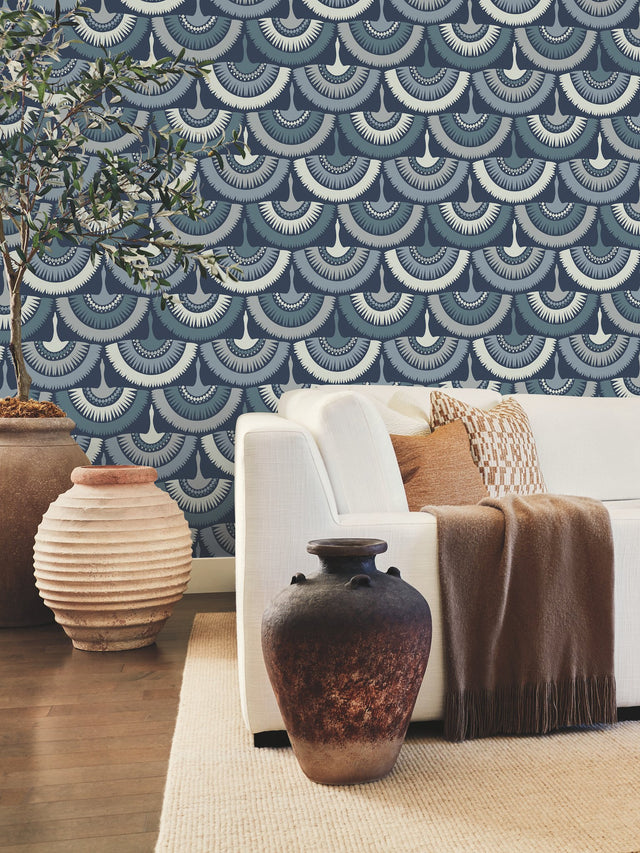 Feather & Fringe Blue Wallpaper with Bohemian Fan Bird Motif - York BO6642