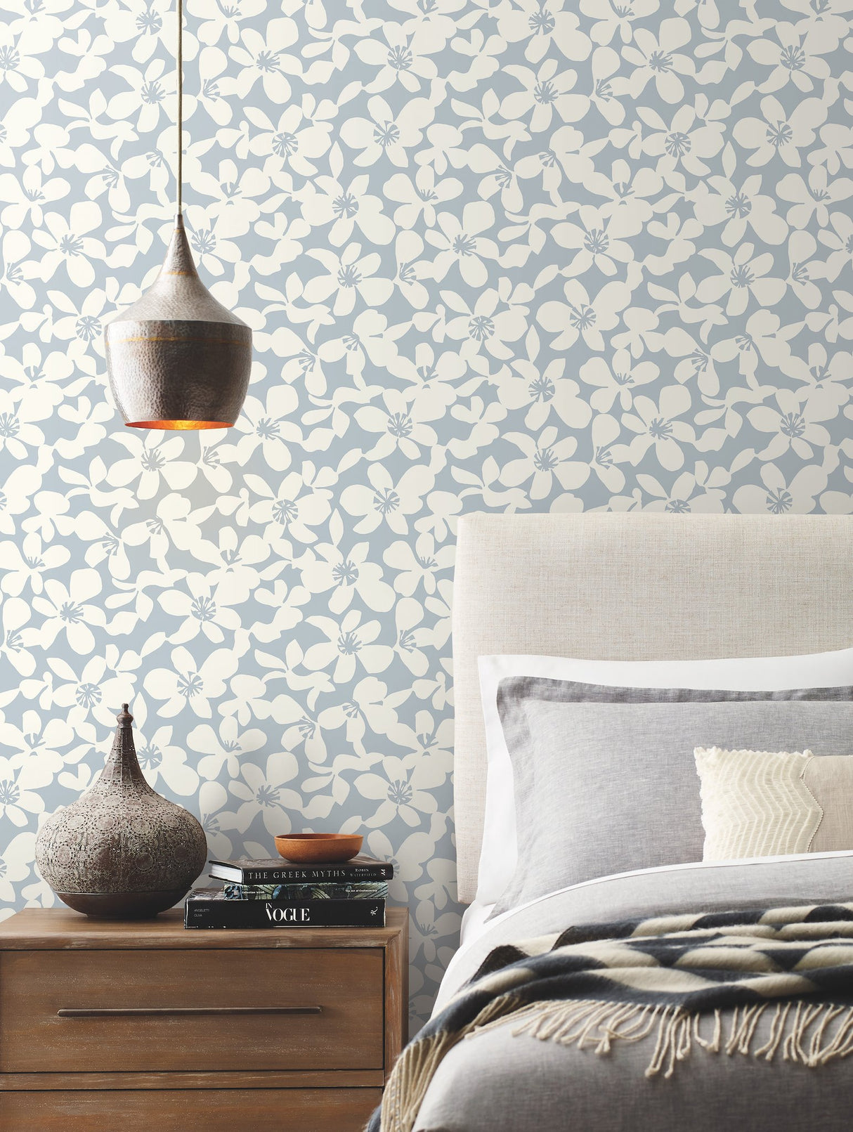 Free Spirit Blue Wallpaper with Bohemian Wildflower Silhouette - York BO6684