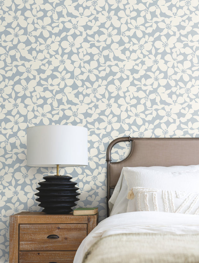 Free Spirit Blue Wallpaper with Bohemian Wildflower Silhouette - York BO6684