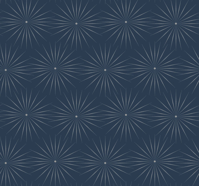 Starlight Blue & Silver Wallpaper with Metallic Dotted Starburst Motif - York BO6695