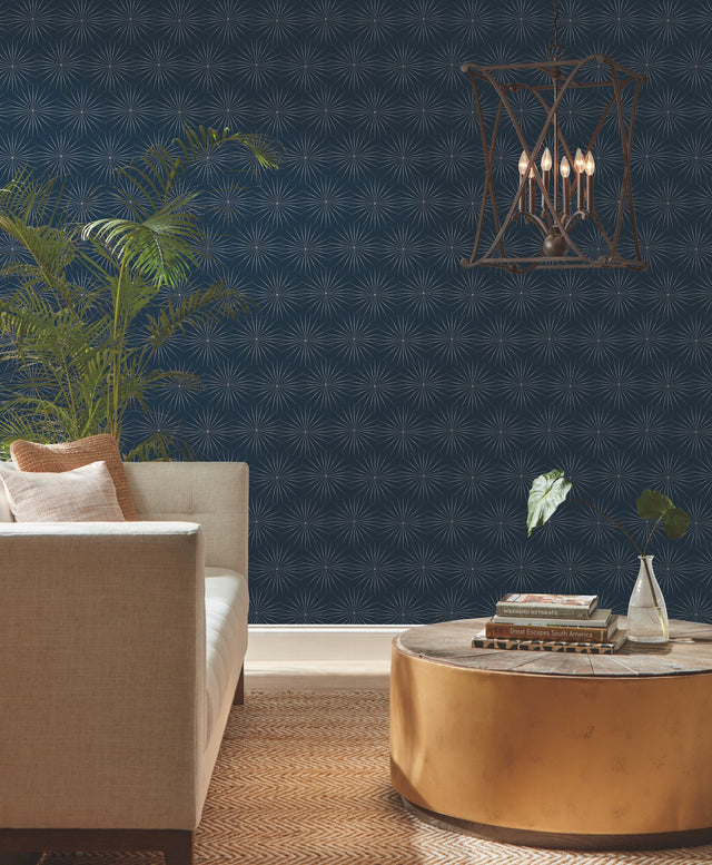 Starlight Blue & Silver Wallpaper with Metallic Dotted Starburst Motif - York BO6695