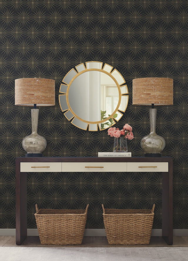 Starlight Black & Gold Wallpaper with Metallic Starburst Bohemian Motif - York BO6696