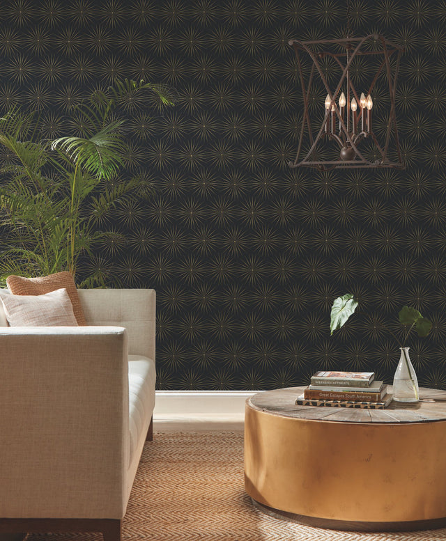 Starlight Black & Gold Wallpaper with Metallic Starburst Bohemian Motif - York BO6696