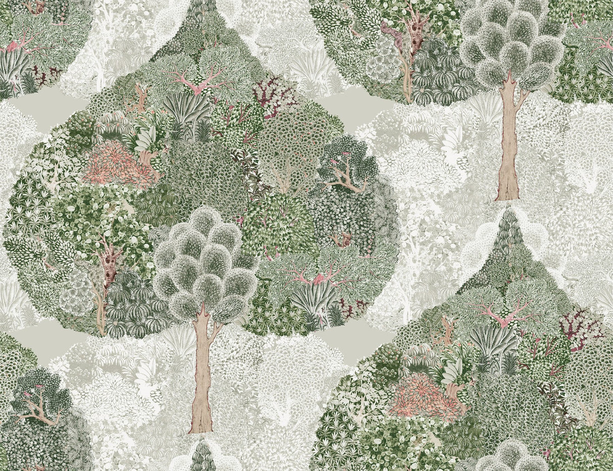 Mystic Forest Green & Coral Wallpaper with Bohemian Forest Scenic - York BO6702
