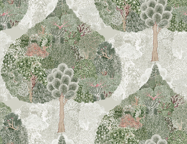 Mystic Forest Green & Coral Wallpaper with Bohemian Forest Scenic - York BO6702