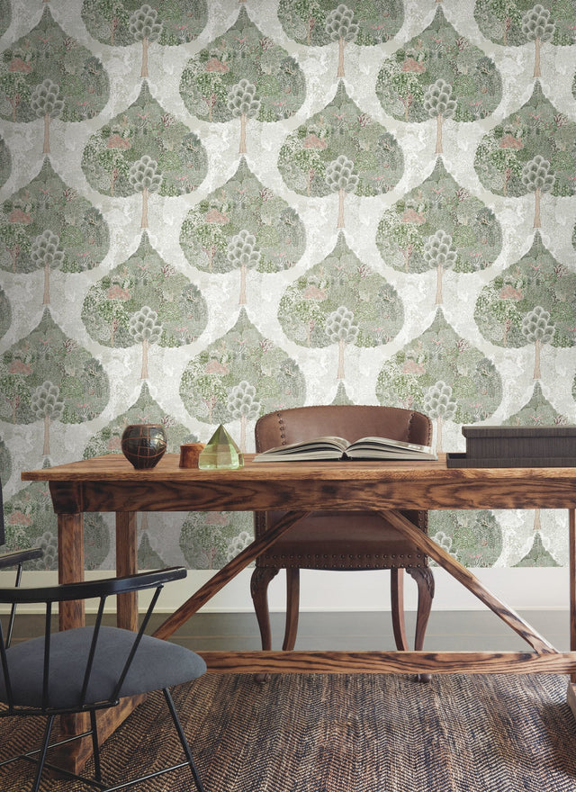 Mystic Forest Green & Coral Wallpaper with Bohemian Forest Scenic - York BO6702