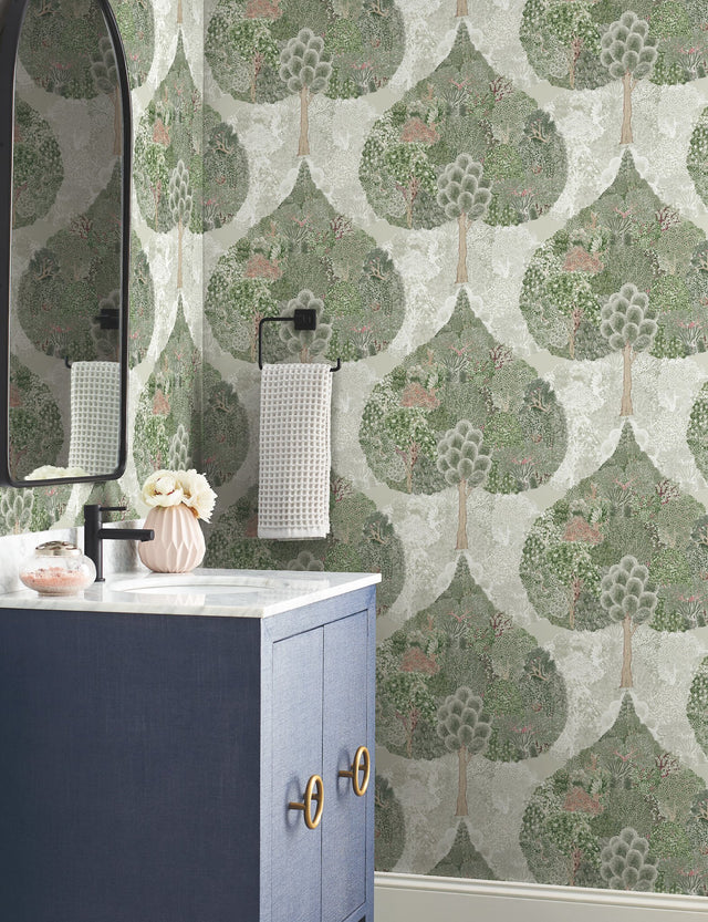 Mystic Forest Green & Coral Wallpaper with Bohemian Forest Scenic - York BO6702