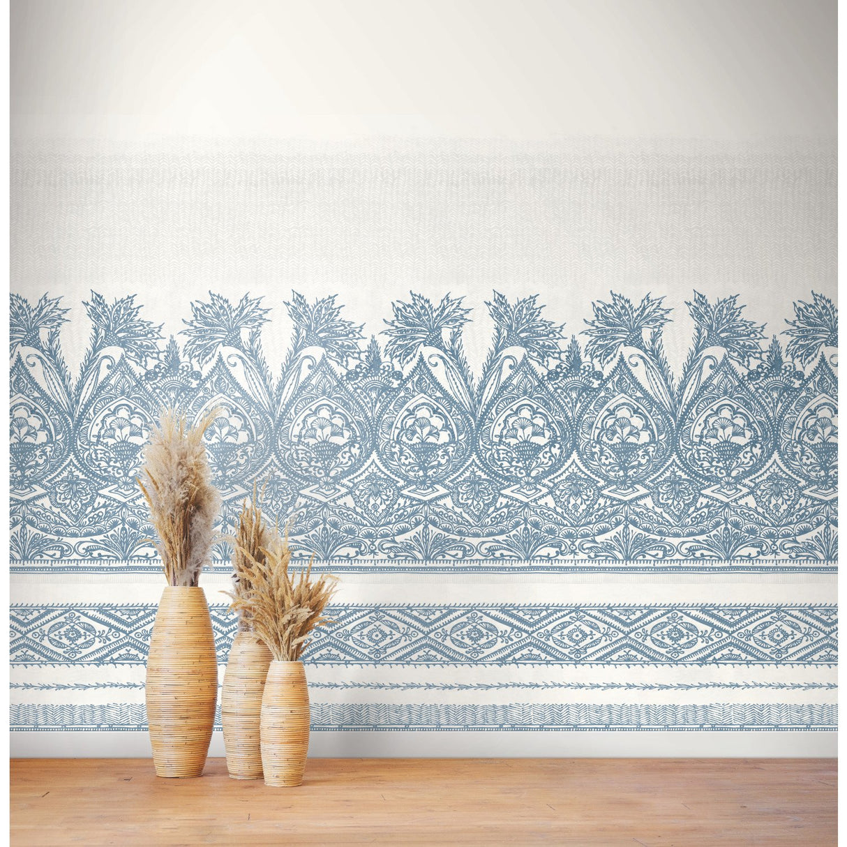 Henna Blue & White Wall Mural with Bohemian Mehndi Motif - York BO6741M