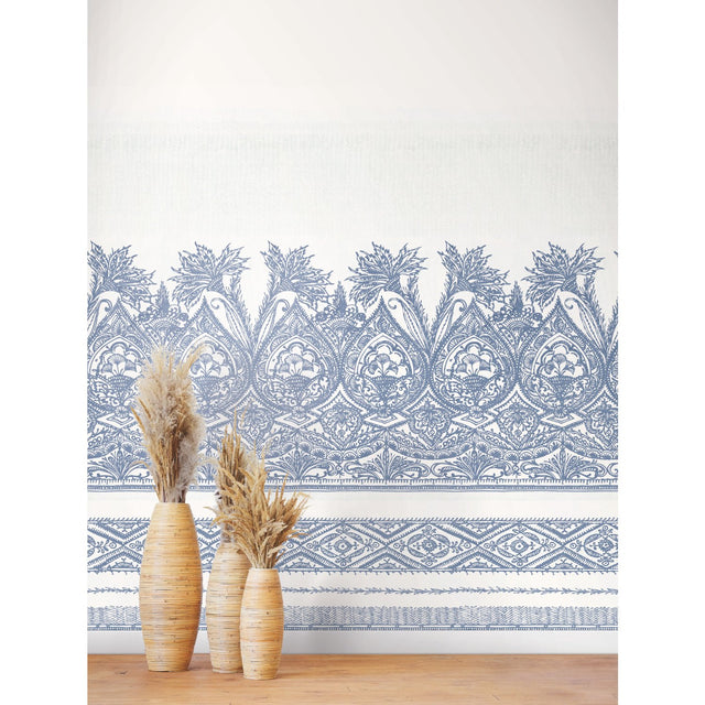 Henna Blue & White Wall Mural with Bohemian Mehndi Motif - York BO6741M