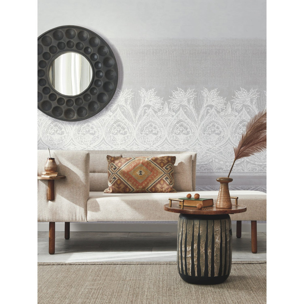 Henna Grey Wall Mural with Bohemian Mehndi Motif - York BO6742M