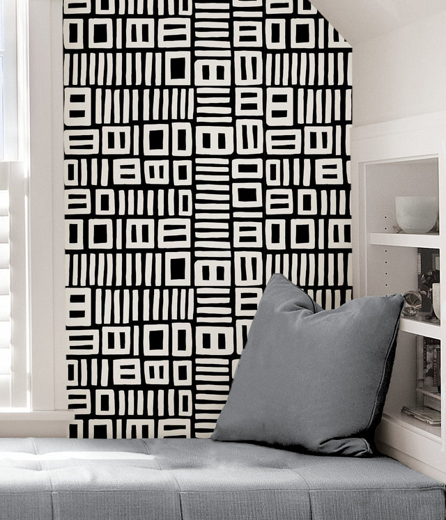 Traverse Black Peel & Stick Wallpaper with Abstract Geometric Pattern - NuWallpaper BPS4058