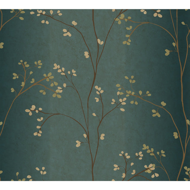 Vertical Blossoms Teal Metallic Wallpaper with Metallic Floral Branch Pattern - York BR6224