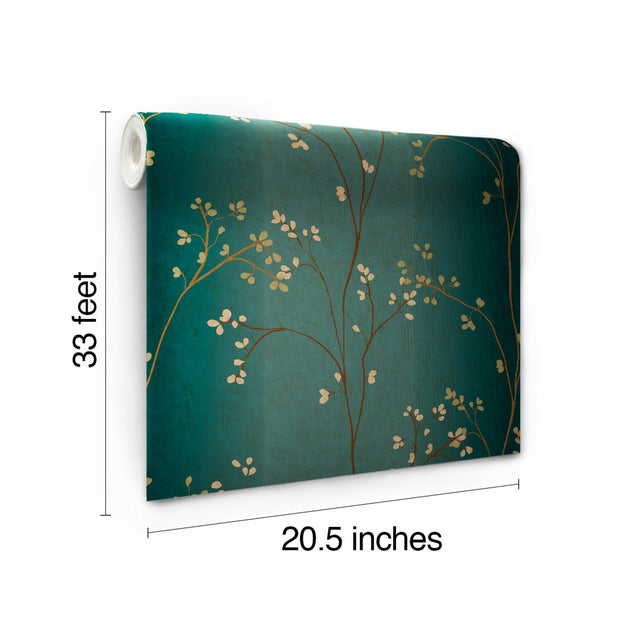 Vertical Blossoms Teal Metallic Wallpaper with Metallic Floral Branch Pattern - York BR6224