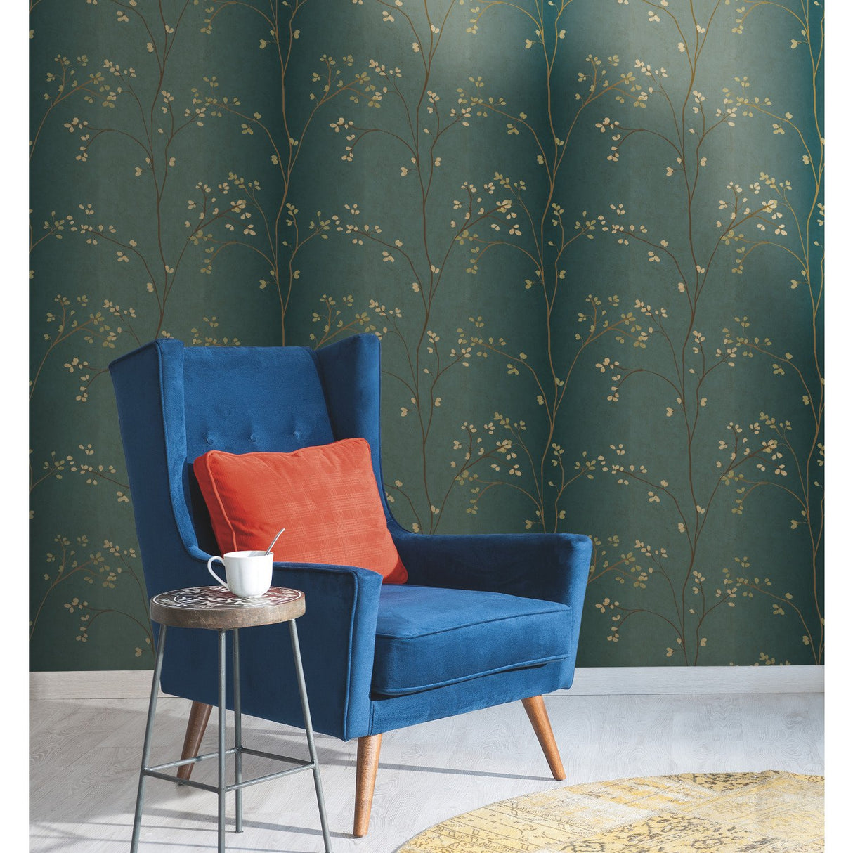 Vertical Blossoms Teal Metallic Wallpaper with Metallic Floral Branch Pattern - York BR6224