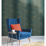 Vertical Blossoms Teal Metallic Wallpaper with Metallic Floral Branch Pattern - York BR6224