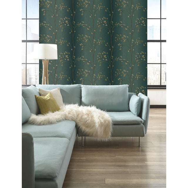 Vertical Blossoms Teal Metallic Wallpaper with Metallic Floral Branch Pattern - York BR6224